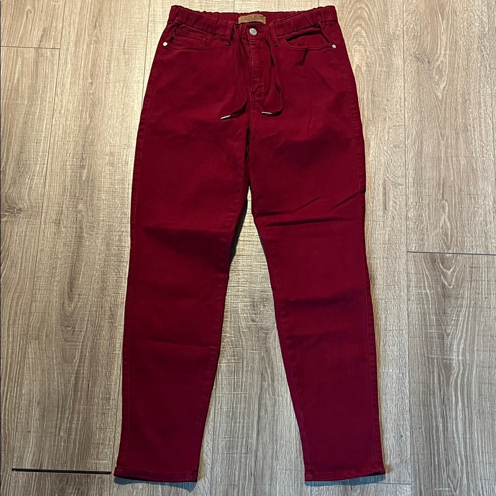 Judy Blue Deep Red Denim with Stretchy Waist band and String Ties Size 8